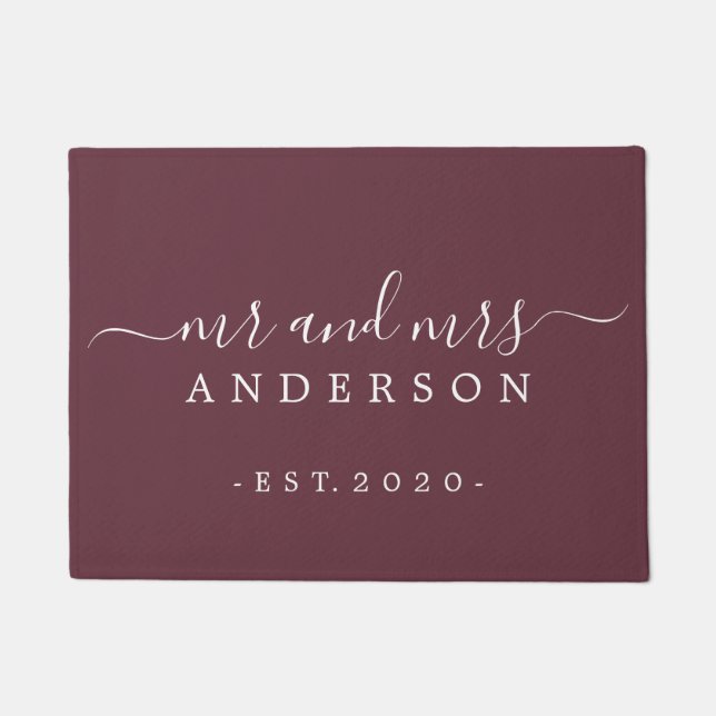 Chic Newlywed Mr Mrs Burgundy Family Monogram Doormat (Front)
