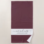 Chic Newlywed Mr Mrs Burgundy Monogrammed Beach Towel<br><div class="desc">Chic burgundy monogrammed beach towel with the text Mr and Mrs in elegant script. The color black forest is used for elegant beach towel you can customize with your married name. Perfect gift for the newlywed couple. Exclusively designed for you by Happy Dolphin Studio.</div>
