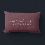 Chic Newlywed Mr Mrs Burgundy Monogrammed Lumbar Pillow<br><div class="desc">Chic, modern monogrammed burgundy pillow with the text Mr and Mrs in white elegant script. Simply add your married name. Perfect gift for the newlywed couple. Exclusively designed for you by Happy Dolphin Studio. If you need any help or matching products please contact us at happydolphinstudio@outlook.com. We're happy to help...</div>