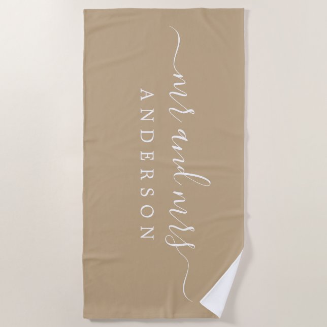 Chic Newlywed Mr Mrs Camel Monogrammed Beach Towel (Front)