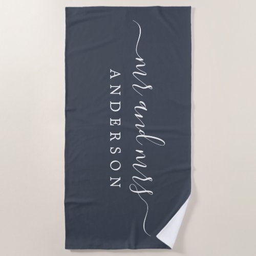 Chic Newlywed Mr Mrs Charcoal Blue Monogrammed Beach Towel