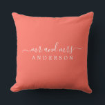 Chic Newlywed Mr Mrs Coral Monogram Throw Pillow<br><div class="desc">Chic, modern monogrammed pillow with the text Mr and Mrs in white elegant script on a coral background. Simply add your married name. Perfect gift for the newlywed couple. Exclusively designed for you by Happy Dolphin Studio. If you need any help or matching products please contact us at happydolphinstudio@outlook.com. We're...</div>
