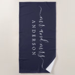 Chic Newlywed Mr Mrs Dark Blue Monogrammed Beach Towel<br><div class="desc">Chic dark blue monogrammed beach towel with the large text Mr and Mrs in white elegant script. You can customize this elegant beach towel with your married name. Perfect gift for the newlywed couple. Exclusively designed for you by Happy Dolphin Studio.</div>