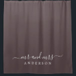 Chic Newlywed Mr Mrs Dark Burgundy Monogram Shower Curtain<br><div class="desc">Chic dark burgundy monogram shower curtain with the text Mr and Mrs in white elegant script. The color carob chip is used for this stylish design you can customize with your married name. Perfect luxury gift for the newlywed couple. Exclusively designed for you by Happy Dolphin Studio.</div>