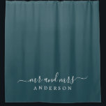 Chic Newlywed Mr Mrs Dark Emerald Monogram Shower Curtain<br><div class="desc">Chic dark emerald monogram shower curtain with the text Mr and Mrs in white elegant script. The color deep emerald is used for this stylish design you can customize with your married name. Perfect luxury gift for the newlywed couple. Exclusively designed for you by Happy Dolphin Studio.</div>