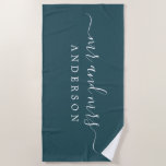 Chic Newlywed Mr Mrs Emerald Green Monogrammed Beach Towel<br><div class="desc">Chic dark green monogrammed beach towel with the large text Mr and Mrs in white elegant script. The color deep emerald is used for this luxurious beach towel you can customize with your married name. Perfect gift for the newlywed couple. Exclusively designed for you by Happy Dolphin Studio.</div>