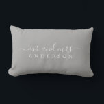 Chic Newlywed Mr Mrs Gray Monogram Lumbar Pillow<br><div class="desc">Chic, modern monogrammed pillow with the text Mr and Mrs in white elegant script on a concrete gray background. Simply add your married name. Perfect gift for the newlywed couple. Exclusively designed for you by Happy Dolphin Studio. If you need any help or matching products please contact us at happydolphinstudio@outlook.com....</div>