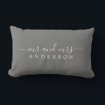 Chic Newlywed Mr Mrs Gray Monogram Lumbar Pillow<br><div class="desc">Chic, modern monogrammed pillow with the text Mr and Mrs in white elegant script on a dark gray background. Simply add your married name. Perfect gift for the newlywed couple. Exclusively designed for you by Happy Dolphin Studio. If you need any help or matching products please contact us at happydolphinstudio@outlook.com....</div>