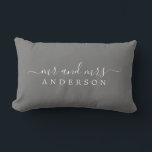 Chic Newlywed Mr Mrs Gray Monogram Lumbar Pillow<br><div class="desc">Chic, modern monogrammed pillow with the text Mr and Mrs in white elegant script on a dark gray background. Simply add your married name. Perfect gift for the newlywed couple. Exclusively designed for you by Happy Dolphin Studio. If you need any help or matching products please contact us at happydolphinstudio@outlook.com....</div>