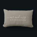Chic Newlywed Mr Mrs Gray Monogram Lumbar Pillow<br><div class="desc">Chic, modern monogrammed shiitake gray pillow with the text Mr and Mrs in white elegant script. Simply add your married name. The color felted wool is used for this stylish design. Perfect luxury gift for the newlywed couple. Exclusively designed for you by Happy Dolphin Studio. If you need any help...</div>
