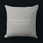 Chic Newlywed Mr Mrs Gray Monogram Throw Pillow<br><div class="desc">Chic, modern monogrammed pillow with the text Mr and Mrs in white elegant script on a gray background. Simply add your married name. Perfect gift for the newlywed couple. Exclusively designed for you by Happy Dolphin Studio. If you need any help or matching products please contact us at happydolphinstudio@outlook.com. We're...</div>