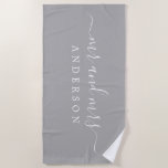 Chic Newlywed Mr Mrs Gray Monogrammed Beach Towel<br><div class="desc">Chic gray monogrammed beach towel with the large text Mr and Mrs in white elegant script. The color concrete gray is used for this luxurious beach towel you can customize with your married name. Perfect gift for the newlywed couple. Exclusively designed for you by Happy Dolphin Studio.</div>