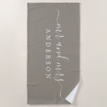 Chic Newlywed Mr Mrs Gray Monogrammed Beach Towel<br><div class="desc">Chic gray monogrammed beach towel with the large text Mr and Mrs in white elegant script. The color felted wool is used for this luxurious beach towel you can customize with your married name. Perfect gift for the newlywed couple. Exclusively designed for you by Happy Dolphin Studio.</div>