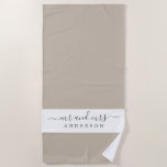 Chic Newlywed Mr Mrs Gray White Monogrammed Beach Towel<br><div class="desc">Chic gray and white monogrammed beach towel with the text Mr and Mrs in elegant script. You can customize this elegant beach towel with your married name. Perfect gift for the newlywed couple. The color shiitake is used for this design. Exclusively designed for you by Happy Dolphin Studio.</div>