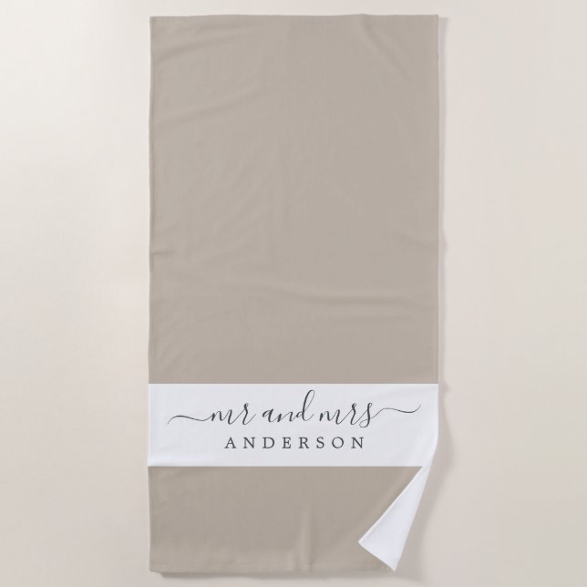 Chic Newlywed Mr Mrs Gray White Monogrammed Beach Towel (Front)