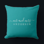 Chic Newlywed Mr Mrs Green Monogram Throw Pillow<br><div class="desc">Chic, modern monogrammed pillow with the text Mr and Mrs in white elegant script on a viridian green background. Simply add your married name. Perfect gift for the newlywed couple. Exclusively designed for you by Happy Dolphin Studio. If you need any help or matching products please contact us at happydolphinstudio@outlook.com....</div>