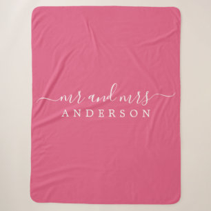 Chic Newlywed Mr Mrs Hot Pink Monogram Sherpa Blanket