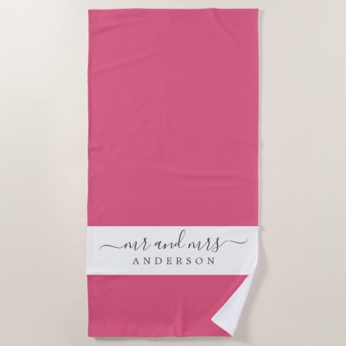 Chic Newlywed Mr Mrs Hot Pink White Monogrammed Beach Towel