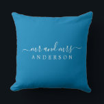 Chic Newlywed Mr Mrs Ibiza Blue Monogram Throw Pillow<br><div class="desc">Chic, modern monogrammed pillow with the text Mr and Mrs in white elegant script on an Ibiza blue background. Simply add your married name. Perfect gift for the newlywed couple. Exclusively designed for you by Happy Dolphin Studio. If you need any help or matching products please contact us at happydolphinstudio@outlook.com....</div>