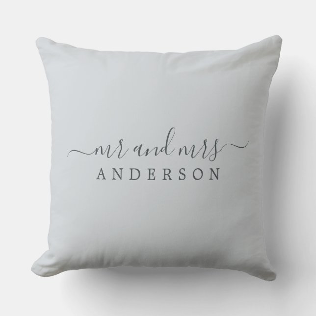Chic Newlywed Mr Mrs Ice Blue Monogram Throw Pillow (Front)