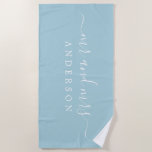 Chic Newlywed Mr Mrs Monogram Blue Glow Beach Towel<br><div class="desc">Chic and simple monogrammed beach towel with the large text Mr and Mrs in white elegant handwritten script calligraphy on a blue glow background. You can customize this elegant beach towel with your married name. Perfect gift for the newlywed couple. Exclusively designed for you by Happy Dolphin Studio.</div>