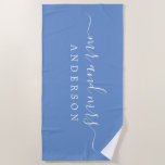 Chic Newlywed Mr Mrs Monogram CornFlower Blue Beach Towel<br><div class="desc">Chic and simple monogrammed beach towel with the large text Mr and Mrs in white elegant handwritten script calligraphy on a cornflower blue background. You can customize this elegant beach towel with your married name. Perfect gift for the newlywed couple. Exclusively designed for you by Happy Dolphin Studio.</div>