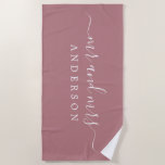Chic Newlywed Mr Mrs Monogram Dusty Rose Beach Towel<br><div class="desc">Chic and simple monogrammed beach towel with the large text Mr and Mrs in white elegant handwritten script calligraphy on a dusty rose background. You can customize this elegant beach towel with your married name. Perfect gift for the newlywed couple. Exclusively designed for you by Happy Dolphin Studio.</div>