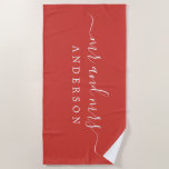 Chic Newlywed Mr Mrs Monogram Red Alert Beach Towel<br><div class="desc">Chic and simple monogrammed beach towel with the large text Mr and Mrs in white elegant handwritten script calligraphy on a red alert background. You can customize this elegant beach towel with your married name. Perfect gift for the newlywed couple. Exclusively designed for you by Happy Dolphin Studio.</div>