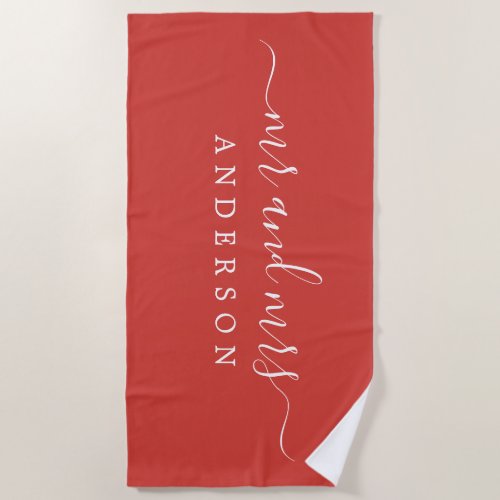 Chic Newlywed Mr Mrs Monogram Red Alert Beach Towel