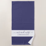 Chic Newlywed Mr Mrs Navy Blue White Monogrammed Beach Towel<br><div class="desc">Chic navy blue and white monogrammed beach towel with the text Mr and Mrs in elegant script. You can customize this elegant beach towel with your married name. Perfect gift for the newlywed couple. Exclusively designed for you by Happy Dolphin Studio.</div>