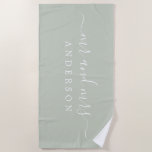 Chic Newlywed Mr Mrs Pastel Green Monogrammed Beach Towel<br><div class="desc">Chic pastel green monogrammed beach towel with the large text Mr and Mrs in white elegant script. You can customize this elegant beach towel with your married name. Perfect gift for the newlywed couple. Exclusively designed for you by Happy Dolphin Studio.</div>