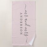 Chic Newlywed Mr Mrs Pastel Pink Monogrammed Beach Towel<br><div class="desc">Chic pastel pink monogrammed beach towel with the large text Mr and Mrs in white elegant script. You can customize this elegant beach towel with your married name. Perfect gift for the newlywed couple. Exclusively designed for you by Happy Dolphin Studio.</div>