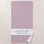 Chic Newlywed Mr Mrs Pastel Purple Monogrammed Beach Towel<br><div class="desc">Chic pastel purple monogrammed beach towel with the text Mr and Mrs in off-black elegant script. You can customize this elegant beach towel with your married name. Perfect gift for the newlywed couple. Exclusively designed for you by Happy Dolphin Studio.</div>