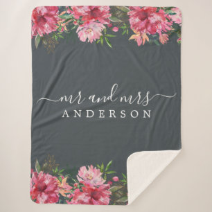 Chic Newlywed Mr Mrs Pink Floral Monogram Sherpa Blanket