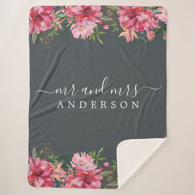 Chic Newlywed Mr Mrs Pink Floral Monogram Sherpa Blanket (Front)