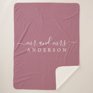 Chic Newlywed Mr Mrs Purple Cassis Monogram Sherpa Blanket