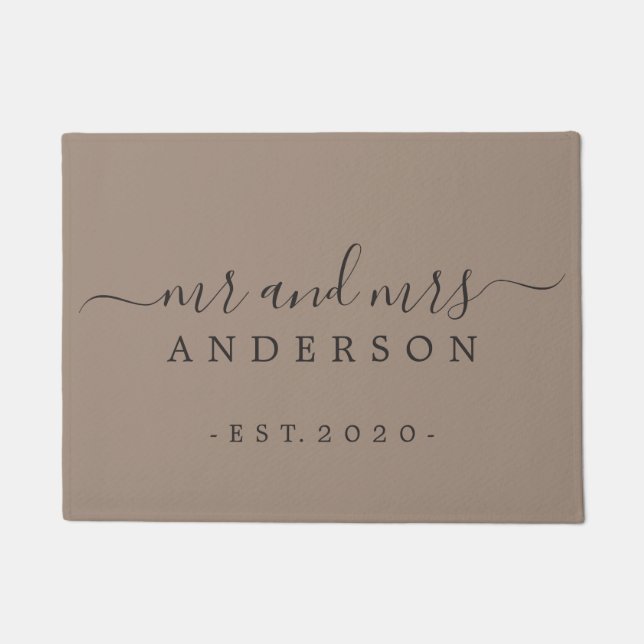 Chic Newlywed Mr Mrs Taupe Family Monogram Doormat (Front)