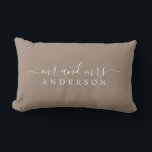 Chic Newlywed Mr Mrs Taupe Monogram Lumbar Pillow<br><div class="desc">Chic, modern monogrammed taupe pillow with the text Mr and Mrs in white elegant script. Simply add your married name. The taupe brown color dry dock is used for this stylish design. Perfect luxury gift for the newlywed couple. Exclusively designed for you by Happy Dolphin Studio. If you need any...</div>