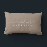 Chic Newlywed Mr Mrs Taupe Monogram Lumbar Pillow<br><div class="desc">Chic, modern monogrammed taupe pillow with the text Mr and Mrs in white elegant script. Simply add your married name. The taupe brown color dry dock is used for this stylish design. Perfect luxury gift for the newlywed couple. Exclusively designed for you by Happy Dolphin Studio. If you need any...</div>