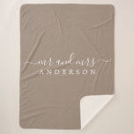 Chic Newlywed Mr Mrs Taupe Monogram Sherpa Blanket<br><div class="desc">Chic, modern monogrammed taupe sherpa blanket with the text Mr and Mrs in white elegant script. Simply add your married name. The color dry dock is used for this stylish design. Perfect luxury gift for the newlywed couple. If you need any help or matching products please contact us at happydolphinstudio@outlook.com....</div>