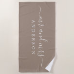 Chic Newlywed Mr Mrs Taupe Monogrammed Beach Towel<br><div class="desc">Chic taupe monogrammed beach towel with the large text Mr and Mrs in white elegant script. The color dry dock is used for this luxurious beach towel you can customize with your married name. Perfect gift for the newlywed couple. Exclusively designed for you by Happy Dolphin Studio.</div>