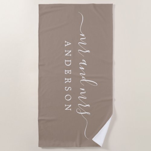 Chic Newlywed Mr Mrs Taupe Monogrammed Beach Towel