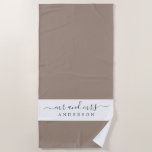 Chic Newlywed Mr Mrs Taupe White Monogrammed Beach Towel<br><div class="desc">Chic taupe and white monogrammed beach towel with the text Mr and Mrs in elegant script. You can customize this elegant beach towel with your married name. Perfect gift for the newlywed couple. The color dry dock is used for this design. Exclusively designed for you by Happy Dolphin Studio.</div>