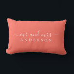Chic Newlywed Mr Mrs Tropical Coral Monogram Lumbar Pillow<br><div class="desc">Chic, modern monogrammed coral pillow with the text Mr and Mrs in white elegant script. Simply add your married name. The color living coral is used for this stylish design. Perfect luxury gift for the newlywed couple. Exclusively designed for you by Happy Dolphin Studio. If you need any help or...</div>