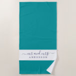 Chic Newlywed Mr Mrs Viridian Green Monogrammed Beach Towel<br><div class="desc">Chic tropical green and white monogrammed beach towel with the text Mr and Mrs in off-black elegant script. You can customize this elegant beach towel with your married name. Perfect gift for the newlywed couple. Exclusively designed for you by Happy Dolphin Studio.</div>