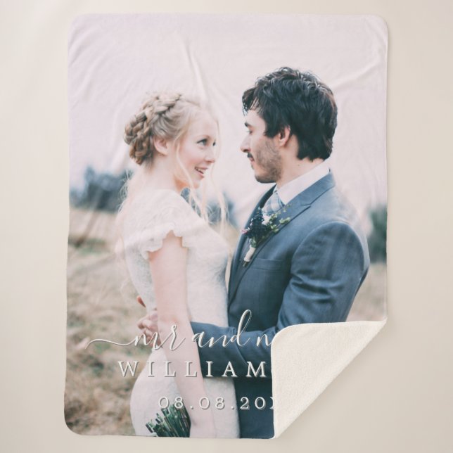 Chic Newlywed Mr Mrs Wedding Photo Sherpa Blanket (Front)