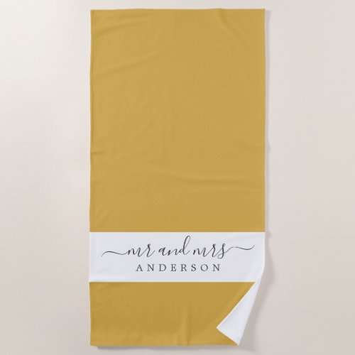 Chic Newlywed Mr Mrs Yellow Ochre Monogrammed Beach Towel