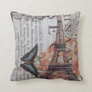 chic newspaper print french Paris Eiffel Tower Throw Pillow
