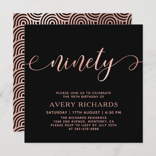 Chic Ninety Rose Gold Script Black 90th Birthday Invitation