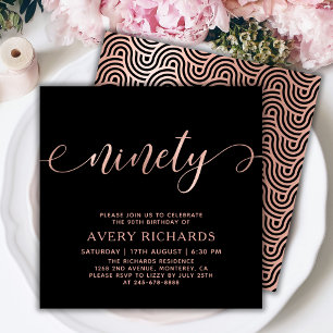 Chic Ninety Rose Gold Script Black 90th Birthday Invitation